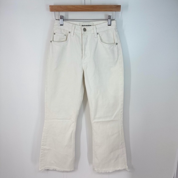 Reformation Jeans High Rise Raw Hem Cropped Flare Zip Up White Jeans - Picture 1 of 5